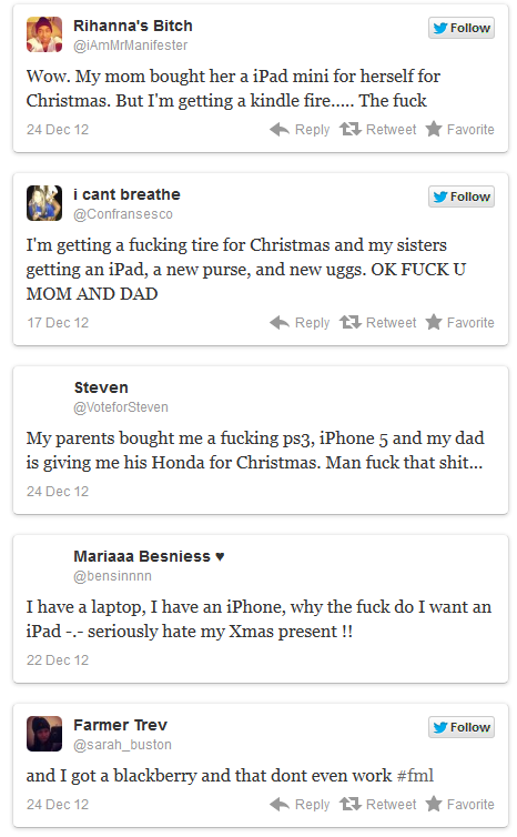Did Santa leave everything that you wanted underneath the tree? It seems that no matter what, there is always someone who can find a reason to complain. Here are a few gripes pulled from Twitter that show even a new iPad, iPhone or video game system isn't always enough for some children. Happy holidays, and be thankful your family doesn't have one of these kids complaining about their Christmas gifts.