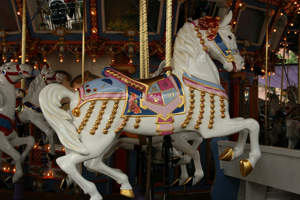 Did you know that Disneyland's carousel has a lead horse? Jingles is the only one of the hand carved, wooden horses that is adorned with little bells (which is how the horse got its name). This horse was painted gold for Disneyland's 50th anniversary. It was later dedicated to Julie Andrews in honor of the carousel horse she rides in the movie Mary Poppins.