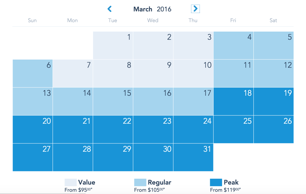 Disneyland Demand Pricing Calendar